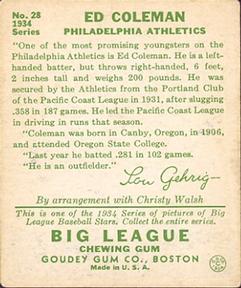 Ed Coleman  baseball card collectible - Main Image 2