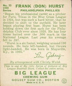 Don Hurst  baseball card collectible - Main Image 2