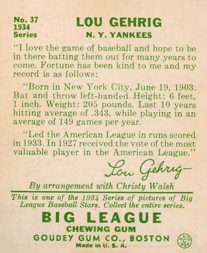 Lou Gehrig  baseball card collectible - Main Image 2
