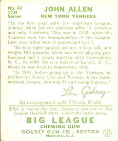 Johnny Allen  baseball card collectible - Main Image 2