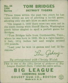 Tommy Bridges  baseball card collectible - Main Image 2