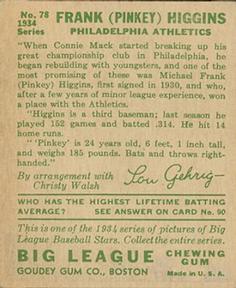 Pinky Higgins  baseball card collectible - Main Image 2