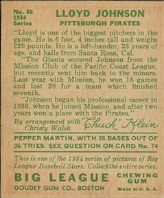 Lloyd Johnson  baseball card collectible - Main Image 2