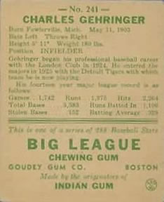 Charlie Gehringer  baseball card collectible - Main Image 2