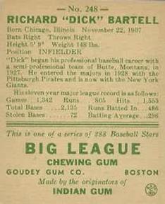 Dick Bartell  baseball card collectible - Main Image 2