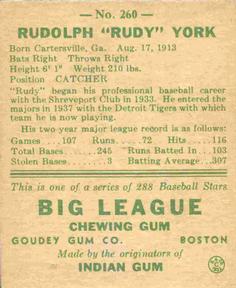 Rudy York  baseball card collectible - Main Image 2