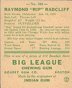 Rip Radcliff  baseball card collectible - Main Image 2