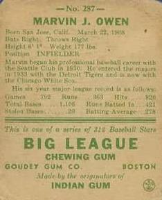 Marvin Owen  baseball card collectible - Main Image 2