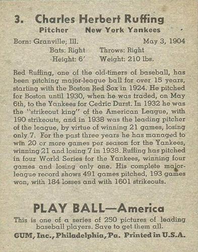 Red Ruffing  baseball card collectible - Main Image 2