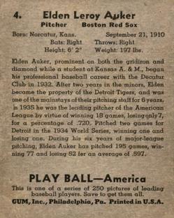 Elden Auker  baseball card collectible - Main Image 2