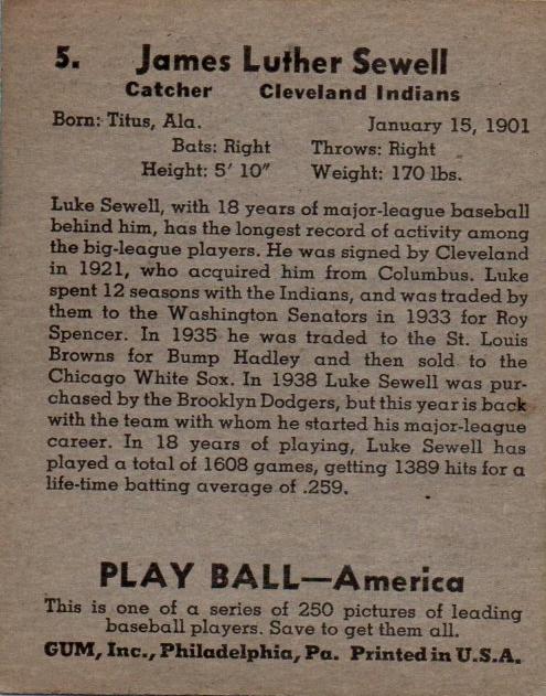 Luke Sewell  baseball card collectible - Main Image 2