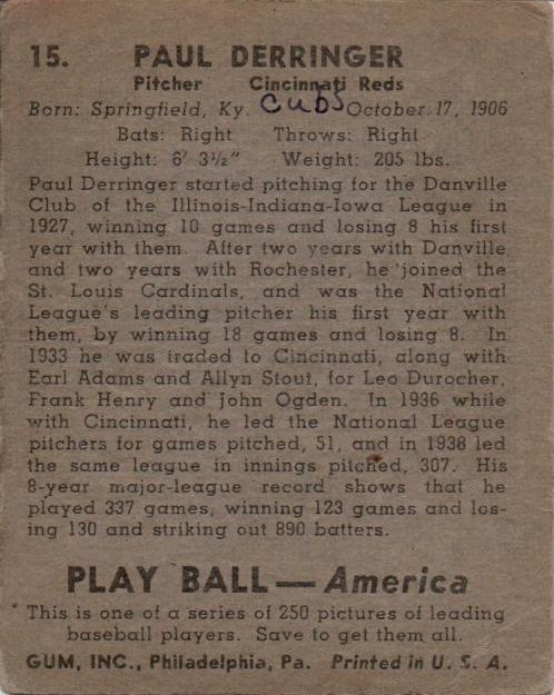 Paul Derringer  baseball card collectible - Main Image 2