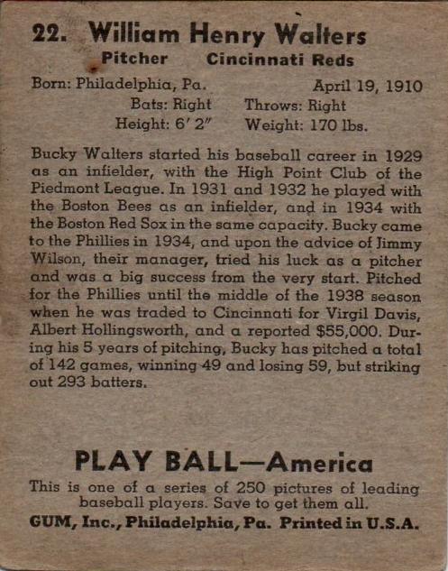 Bucky Walters  baseball card collectible - Main Image 2