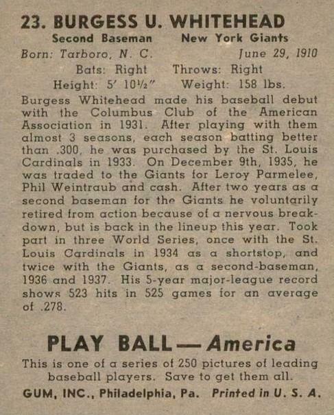 Burgess Whitehead  baseball card collectible - Main Image 2