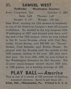 Sam West  baseball card collectible - Main Image 2