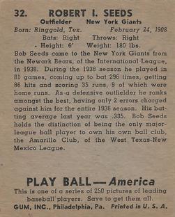 Bob Seeds  baseball card collectible - Main Image 2