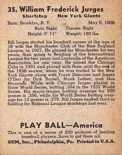 Billy Jurges  baseball card collectible - Main Image 2