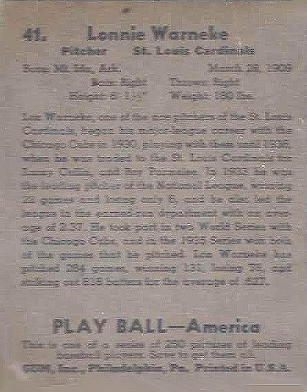 Lon Warneke  baseball card collectible - Main Image 2