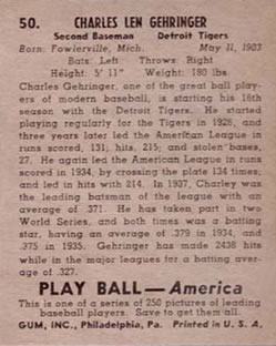 Charles Gehringer  baseball card collectible - Main Image 2