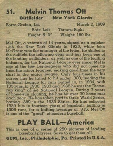 Mel Ott  baseball card collectible - Main Image 2