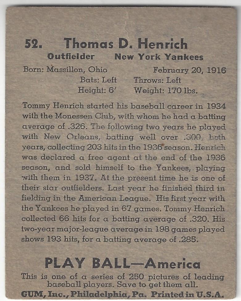Tommy Henrich  baseball card collectible - Main Image 2
