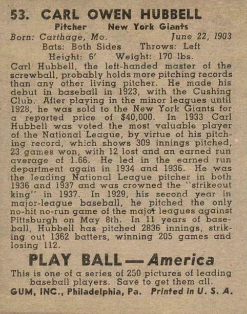 Carl Hubbell  baseball card collectible - Main Image 2