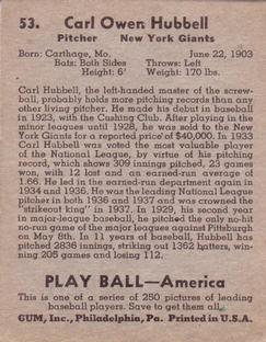 Carl Hubbell  baseball card collectible - Main Image 2