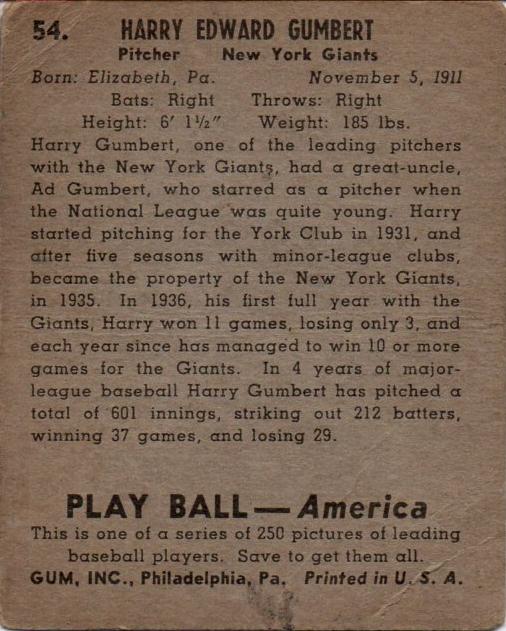 Harry Gumbert  baseball card collectible - Main Image 2