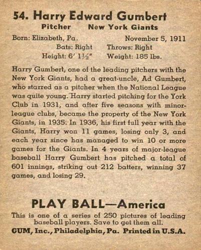 Harry Gumbert  baseball card collectible - Main Image 2