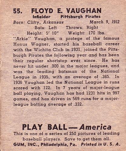 Floyd E. Vaughan  baseball card collectible - Main Image 2