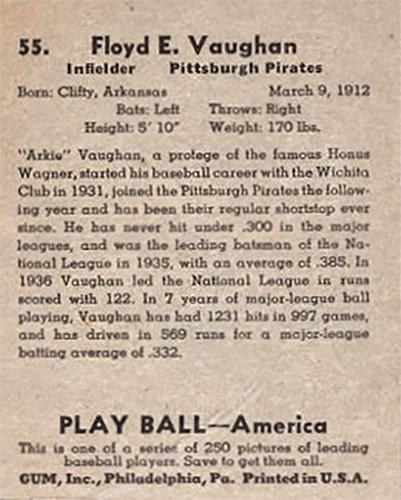 Floyd E. Vaughan  baseball card collectible - Main Image 2