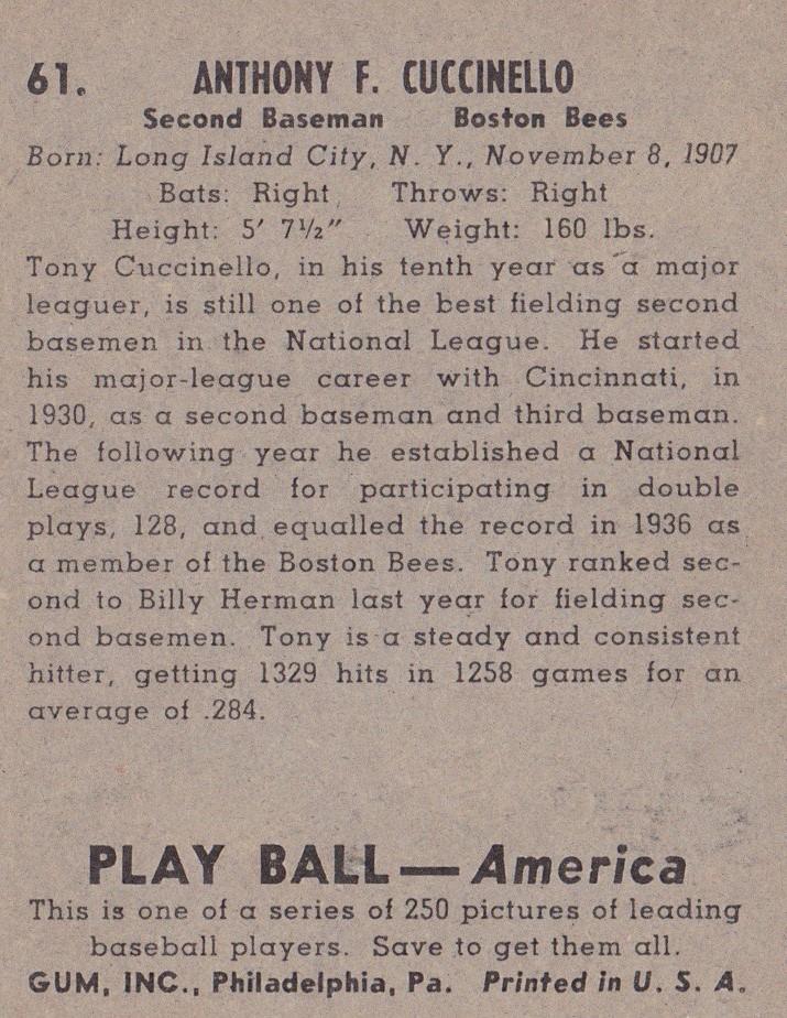 Tony Cuccinello  baseball card collectible - Main Image 2