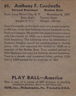 Tony Cuccinello  baseball card collectible - Main Image 2