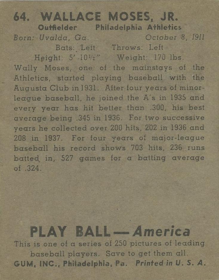 Wally Moses  baseball card collectible - Main Image 2