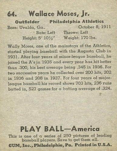 Wally Moses  baseball card collectible - Main Image 2