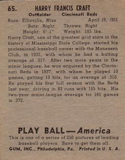 Harry Craft  baseball card collectible - Main Image 2