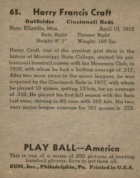 Harry Craft  baseball card collectible - Main Image 2
