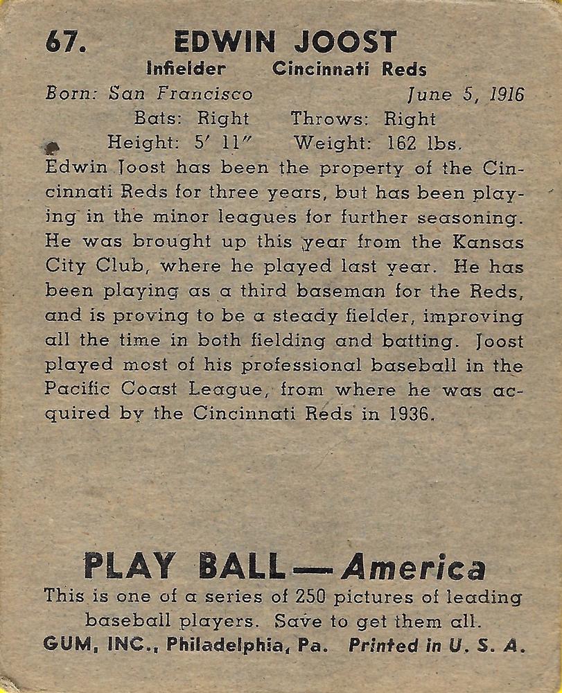 Eddie Joost  baseball card collectible - Main Image 2
