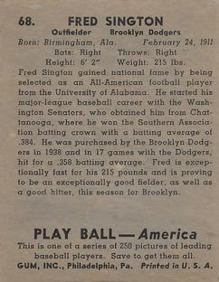 Fred Sington  baseball card collectible - Main Image 2
