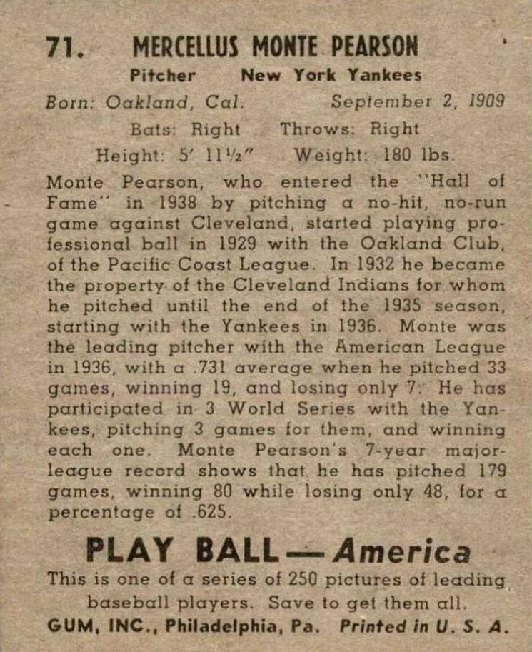 Monte Pearson  baseball card collectible - Main Image 2