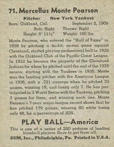 Monte Pearson  baseball card collectible - Main Image 2