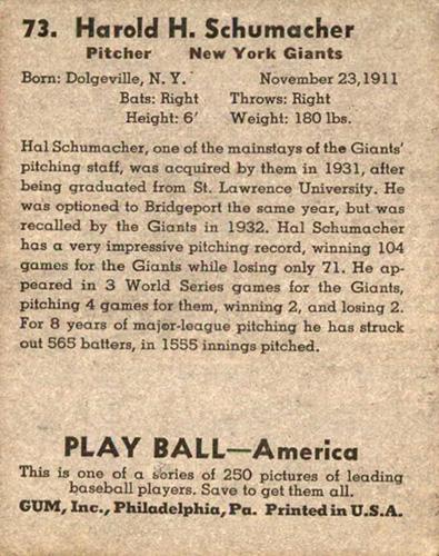 Hal Schumacher  baseball card collectible - Main Image 2