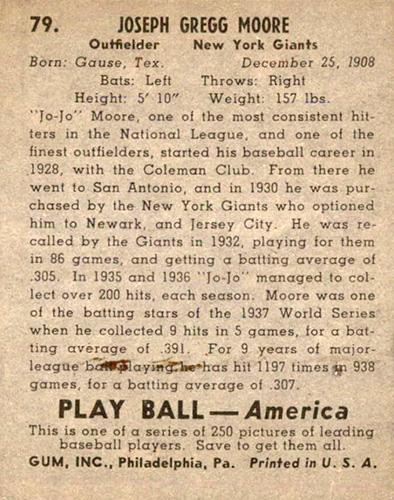 Jo-Jo Moore  baseball card collectible - Main Image 2