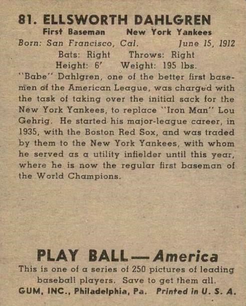 Babe Dahlgren  baseball card collectible - Main Image 2