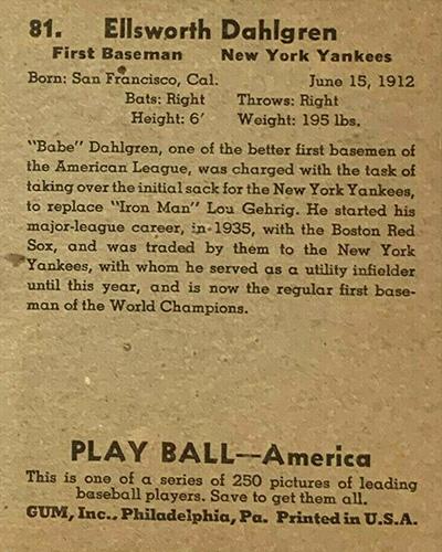 Babe Dahlgren  baseball card collectible - Main Image 2