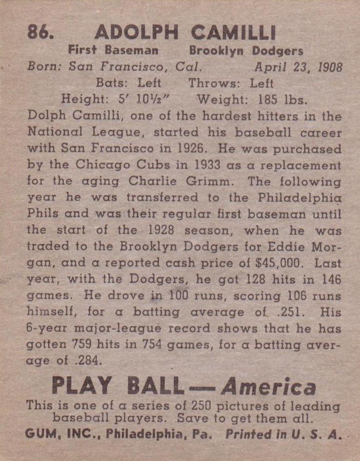 Adolph Camilli  baseball card collectible - Main Image 2