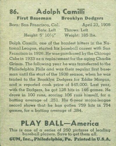 Adolph Camilli  baseball card collectible - Main Image 2