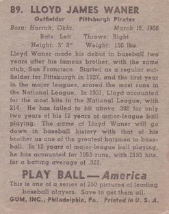 Lloyd Waner  baseball card collectible - Main Image 2