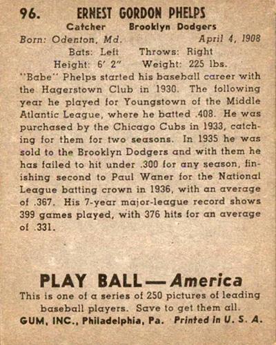 Babe Phelps  baseball card collectible - Main Image 2