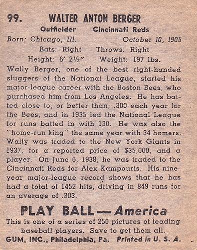 Wally Berger  baseball card collectible - Main Image 2